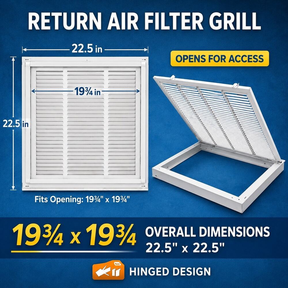 19¾" x 19¾" Hinged Return Air Grille White Steel Filter Access Vent 22.5"x22.5"